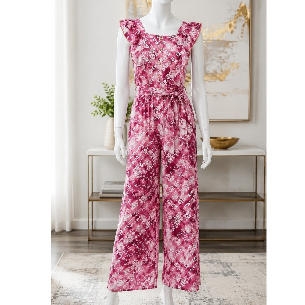 Justice Girls Jumpsuit Pink Floral Tie Dye Ruffle Belted XL 16/18